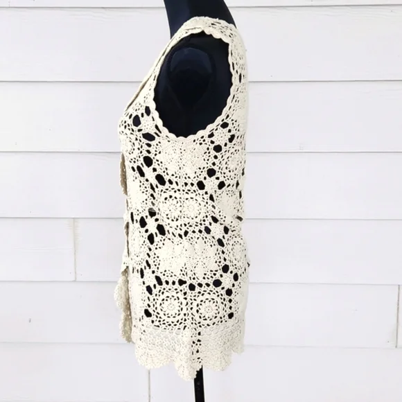 VTG Crochet Lace Ecru Beige Cream COLOUR EIGHTEEN Long Tunic Vest Mini Dress (M) - Picture 4 of 11